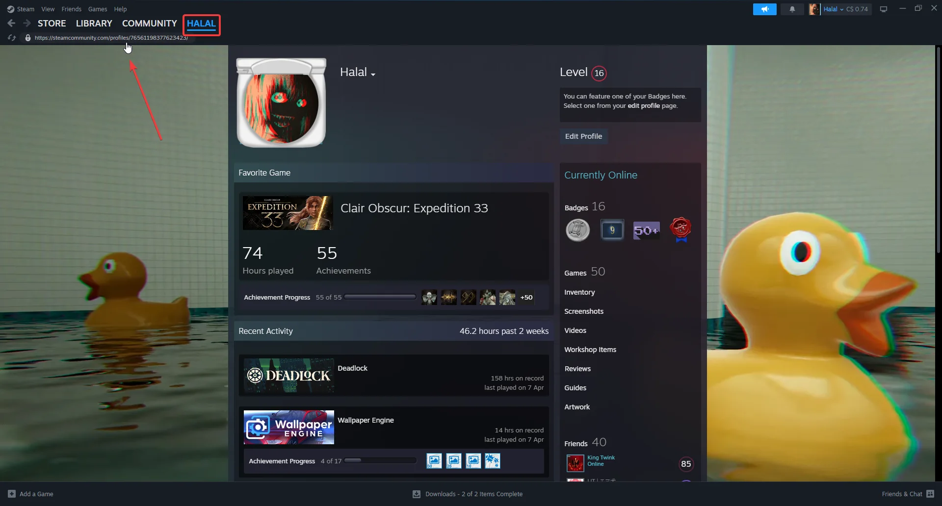 Steam profile page showing where to copy the account URL